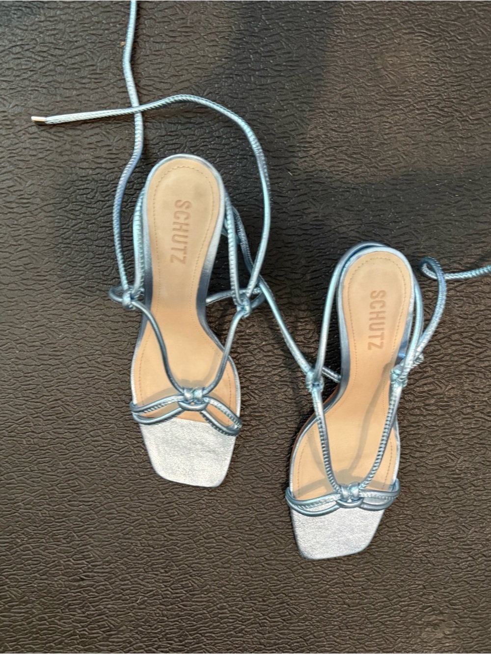 SCHUTZ Metallic Light Blue Lace-Up Heeled Sandals